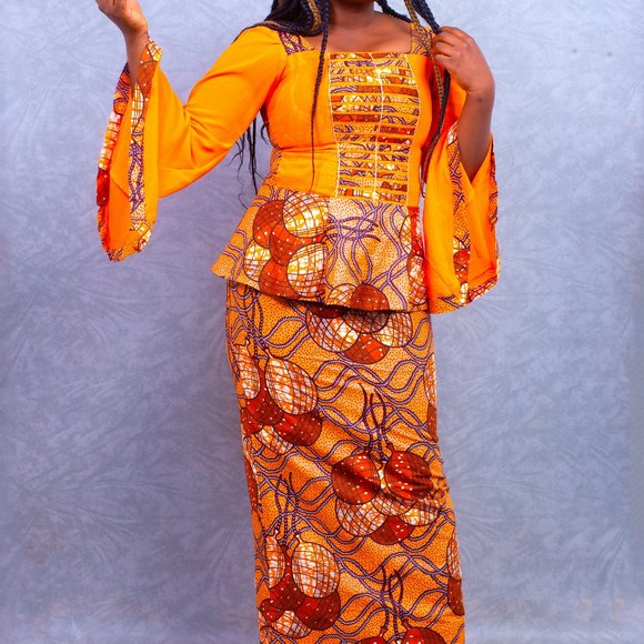 orange luxurious african print truffle sleeves top and straight maxi skirt ngoun - Picture 4 of 4